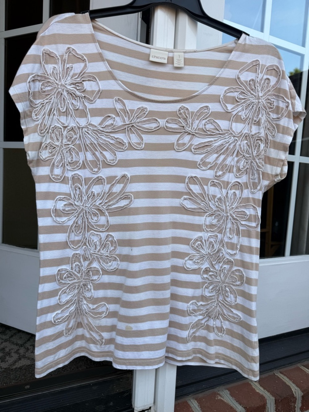 Chico's Beige and White Striped Floral Appliqué Short Sleeve Tee